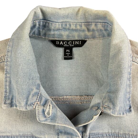 Baccini Jacket Women Petite Sz PS Light Blue Wash Cropped Ruched Shoulders Denim - Picture 8 of 12